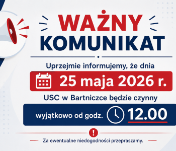 Zmiana godz. pracy USC dn. 25.05.2026r.